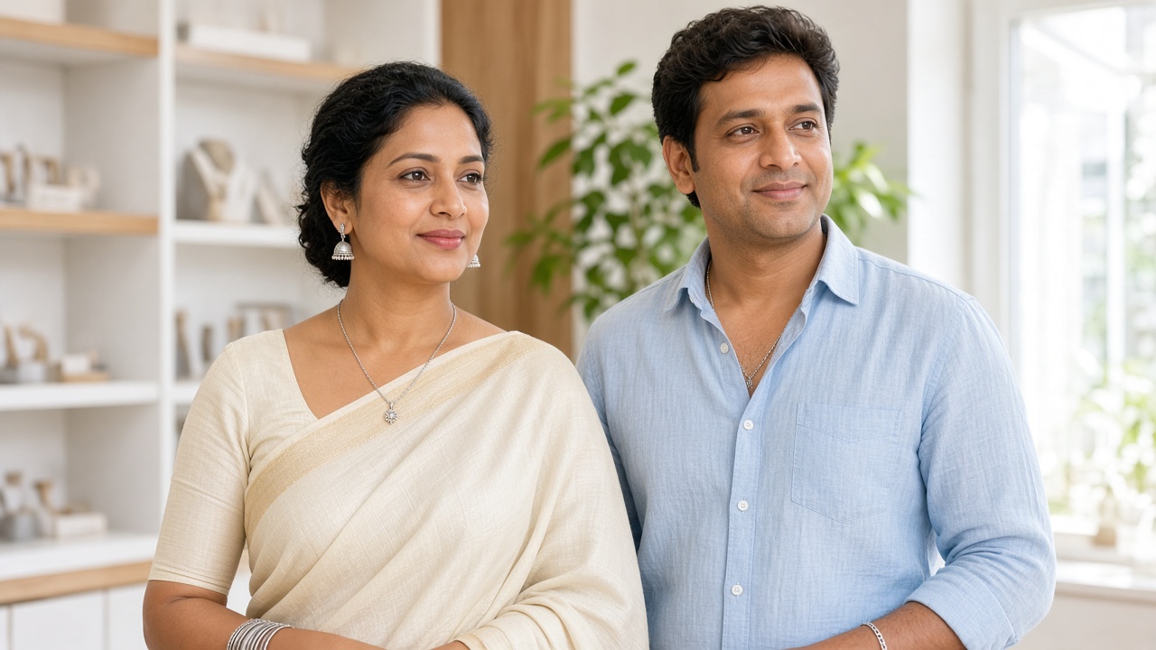 A woman and a man wearing silver ornaments in a bright showroom