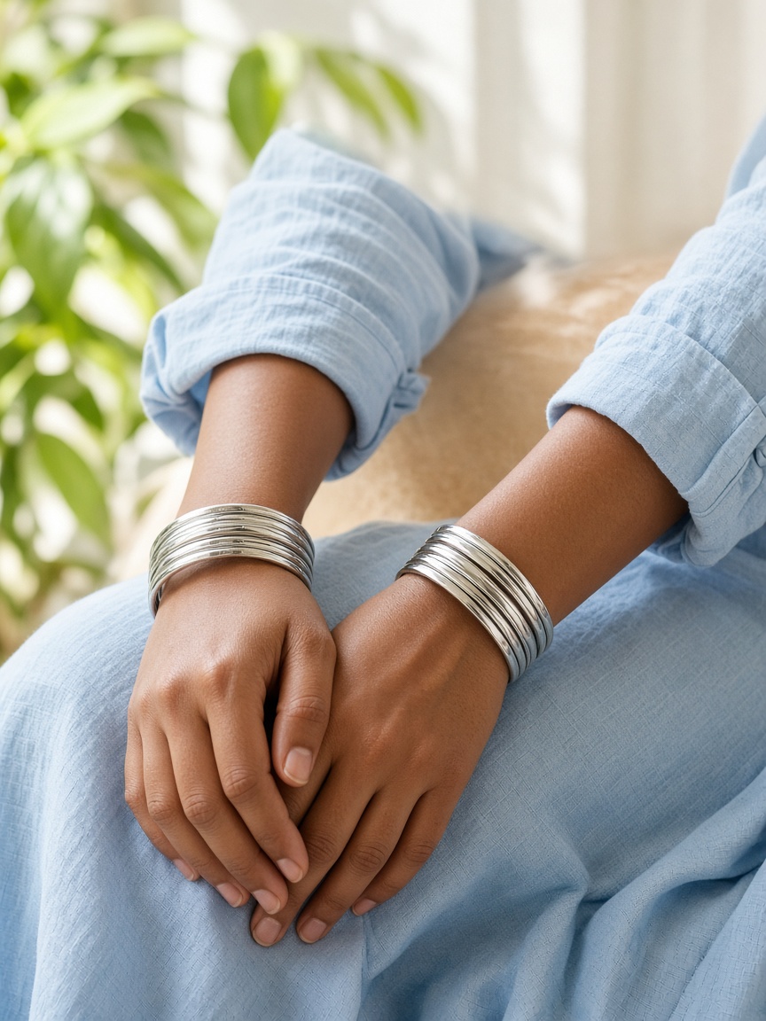 Silver bangles worn on the wrist