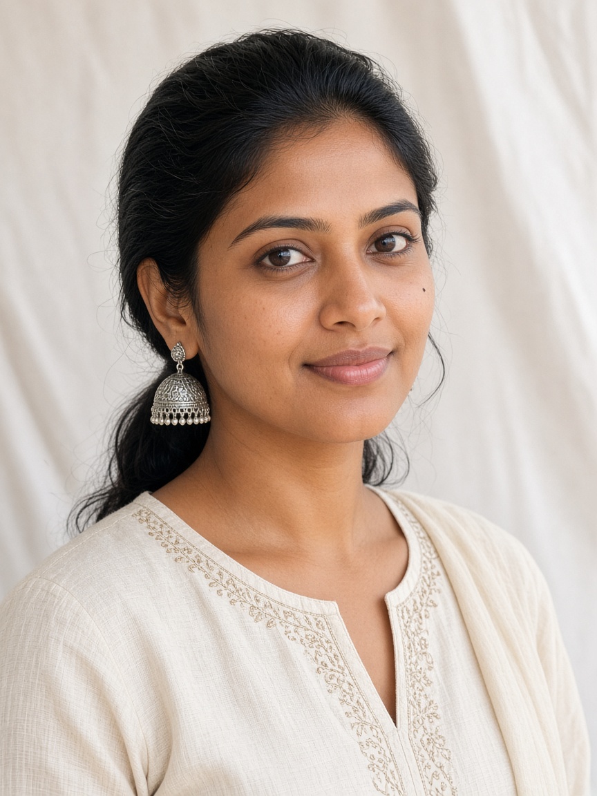 A woman wearing silver bell earrings