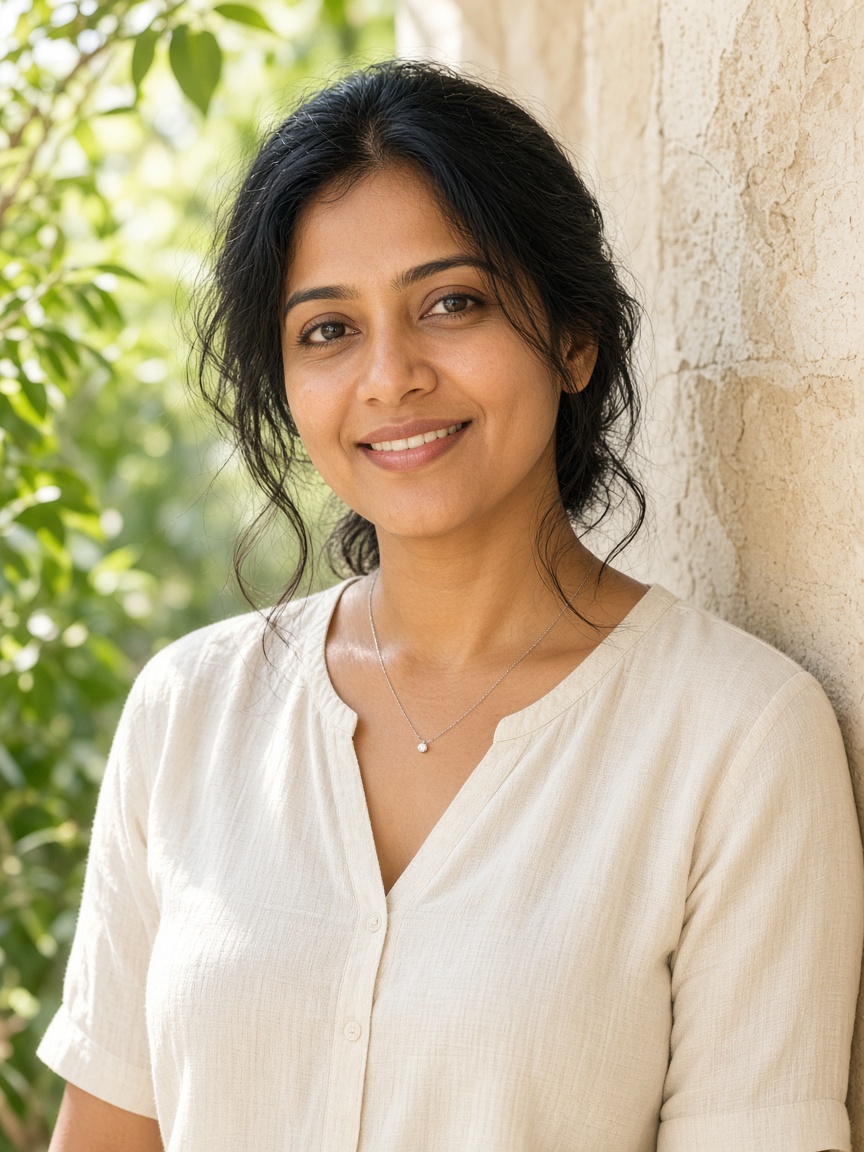 A woman wearing a silver necklace in natural light