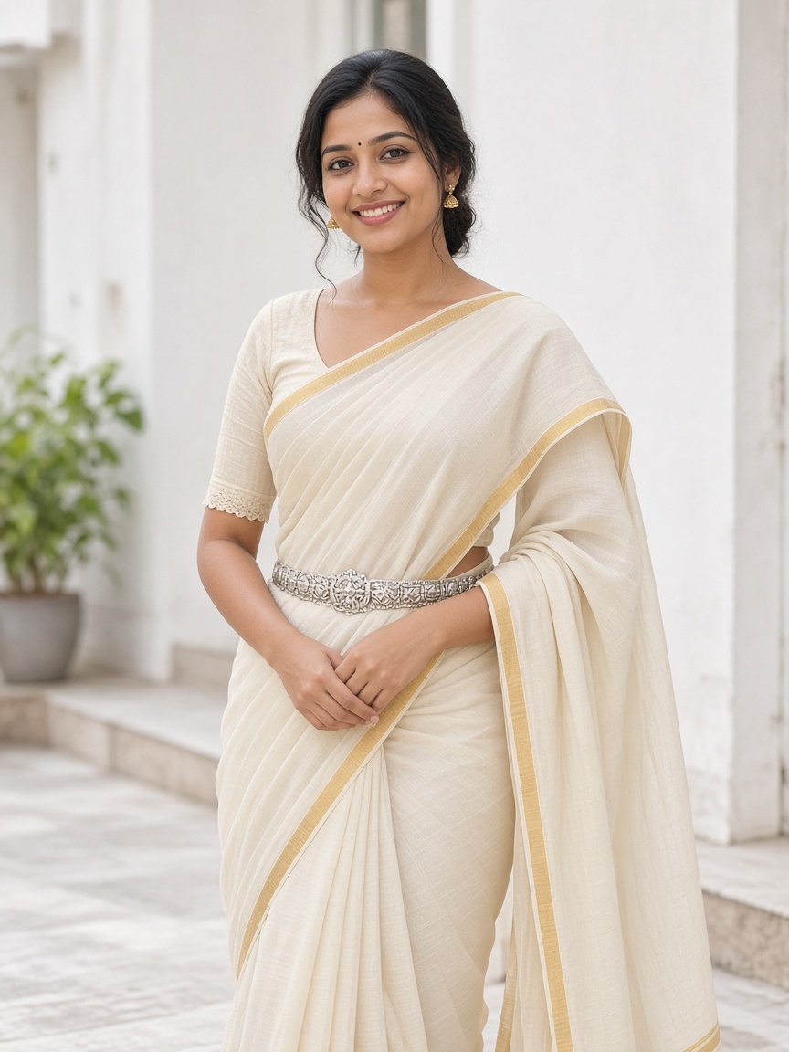A woman wearing a silver waist belt
